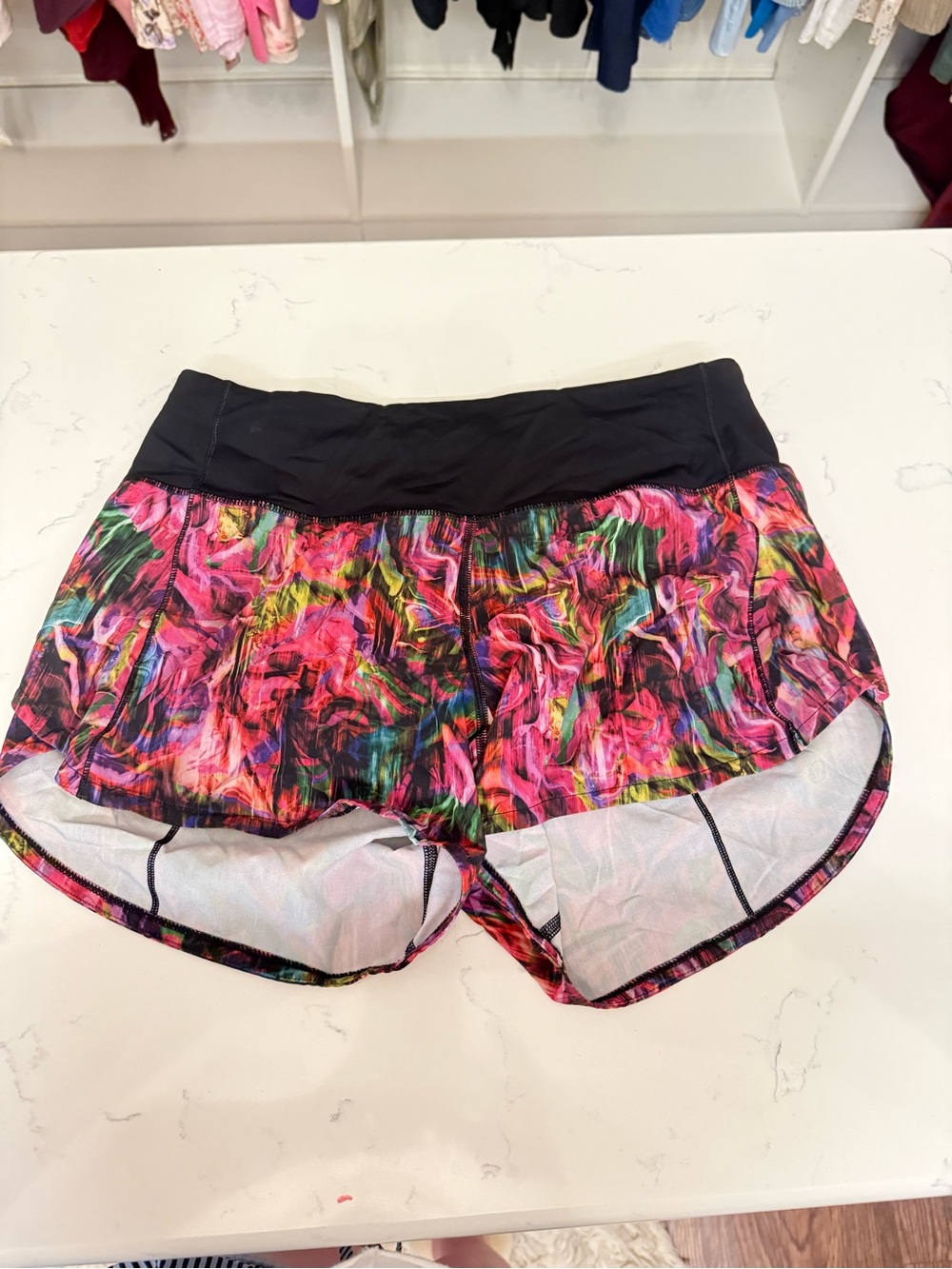 lululemon athletica Black Waistband Multicolor Floral-Abstract Running Shorts